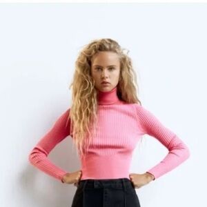 Zara Pink Ribbed Turtleneck Top